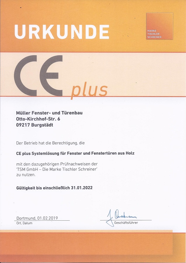 CE Plus Zertifikat Systemlösung für Fenster und Fenstertren aus Holz