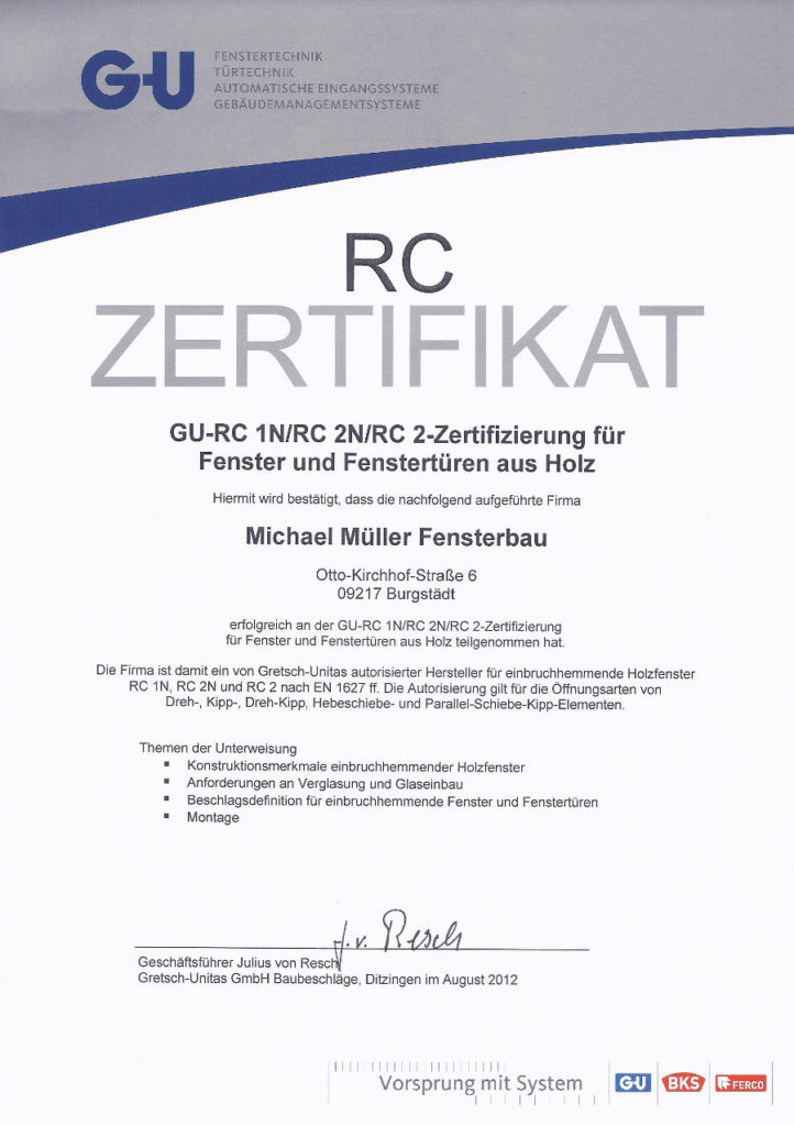 RC Zertifikat für Fenster und Fenstertüren aus Holz